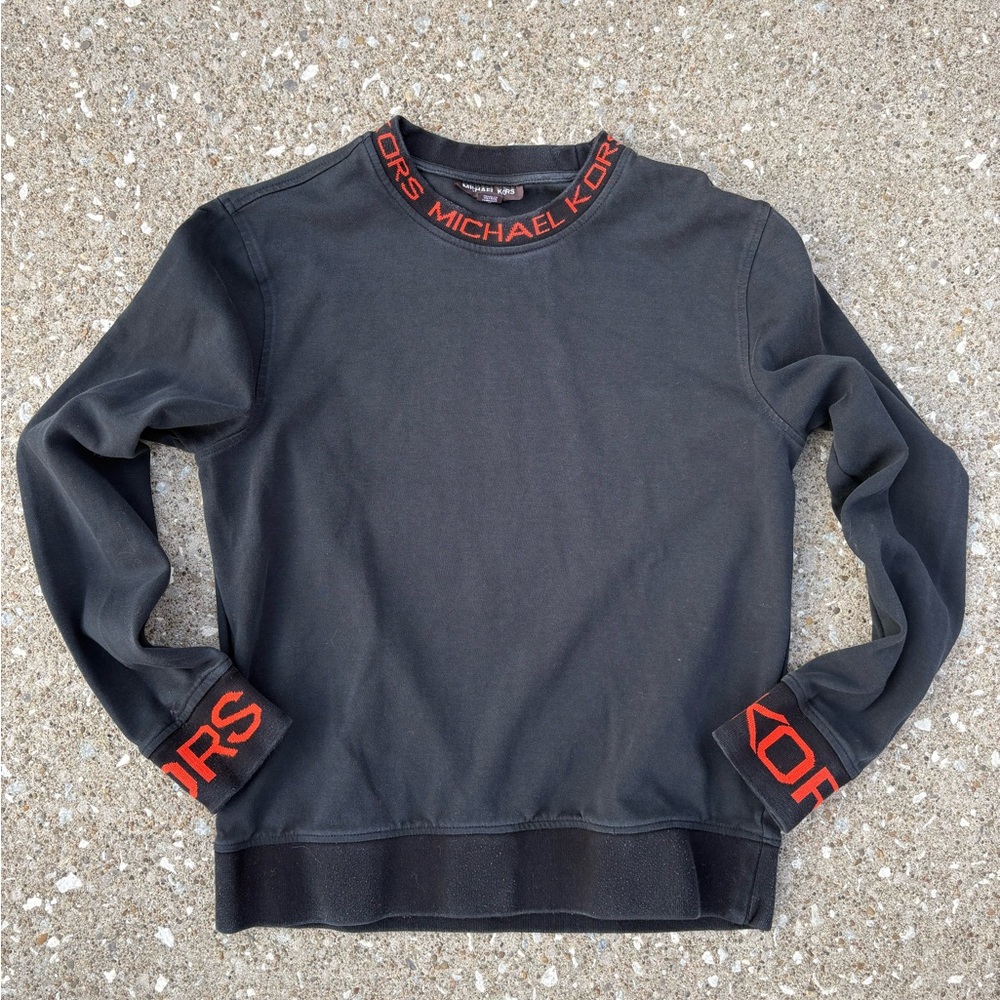 Michael Kors Dark Gray Crewneck Sweater with Red Accents